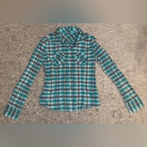 LILU blue Plaid long sleeve button down front shirt top stretchy Medium M